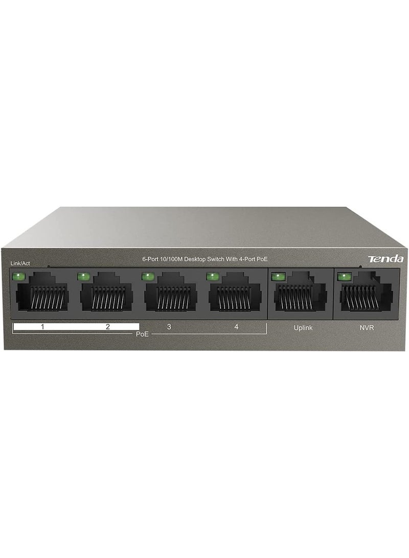 Tenda PoE Switch 6-Port 10/100Mbps (4 PoE+ & 2 Uplink Ports, 58 W for all PoE Ports, QoS, 250m Transmission Distance, 802.3at/af, Desktop/Wall Mounting, Metal Case, Plug and Play) (TEF1106P-4-63W) Brown  - Image 1