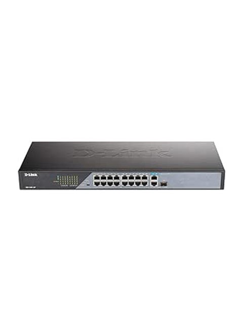 DSS-100E-18P 18-Port Fast Ethernet PoE Unmanaged Surveillance Switch, supports up to 250 metres long range PoE, 16 x PoE ports, 230 W PoE budget, 2 x Gigabit uplink, 6kV surge protection Black
