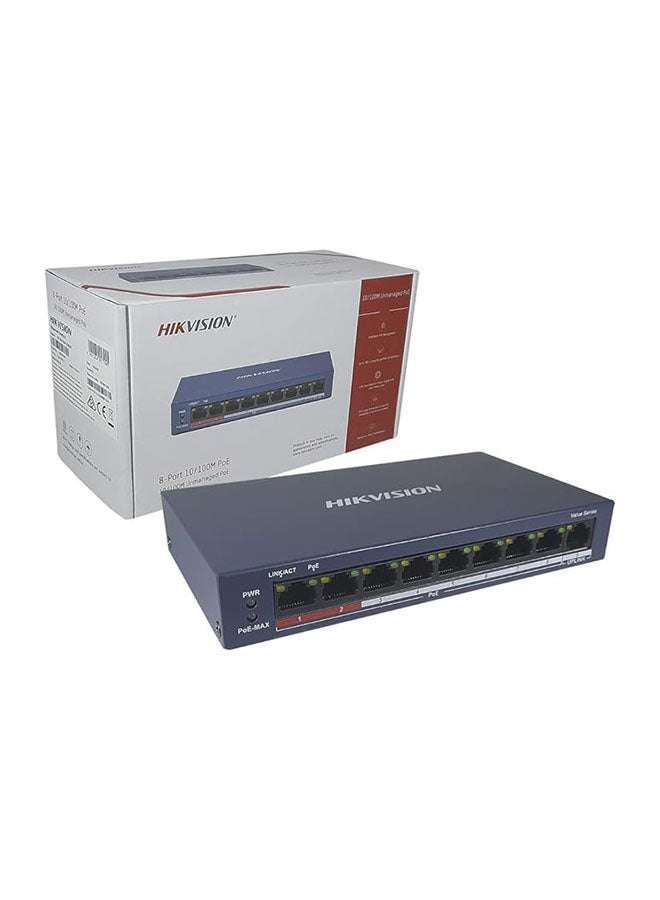 HIKVISION - DS-3E0109P-E/M 8 Port Fast Ethernet Unmanaged POE Switch, Up to 300 m Long Range PoE Transmission BLUE - Image 1
