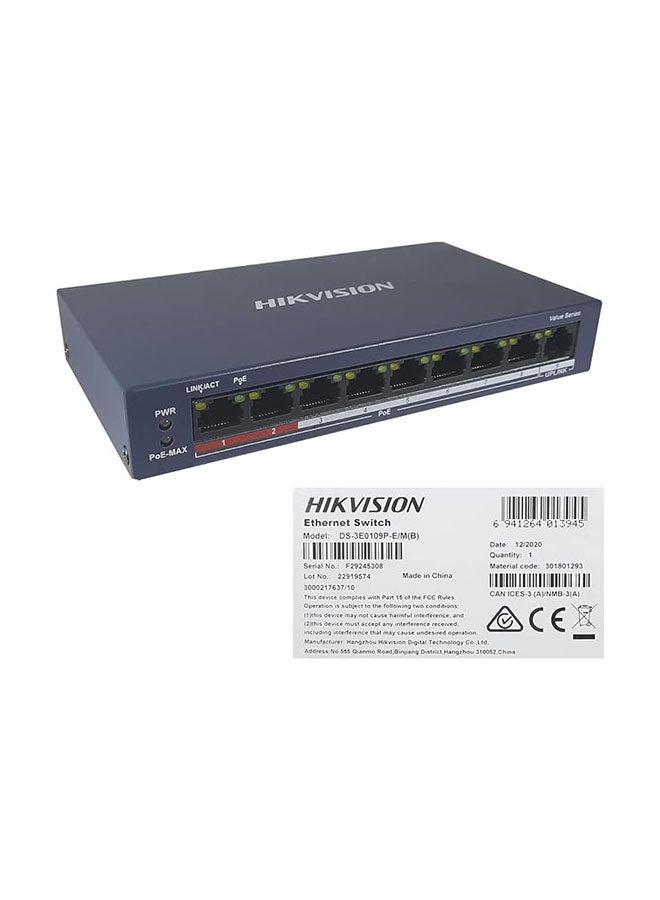 HIKVISION - DS-3E0109P-E/M 8 Port Fast Ethernet Unmanaged POE Switch, Up to 300 m Long Range PoE Transmission BLUE - Image 1