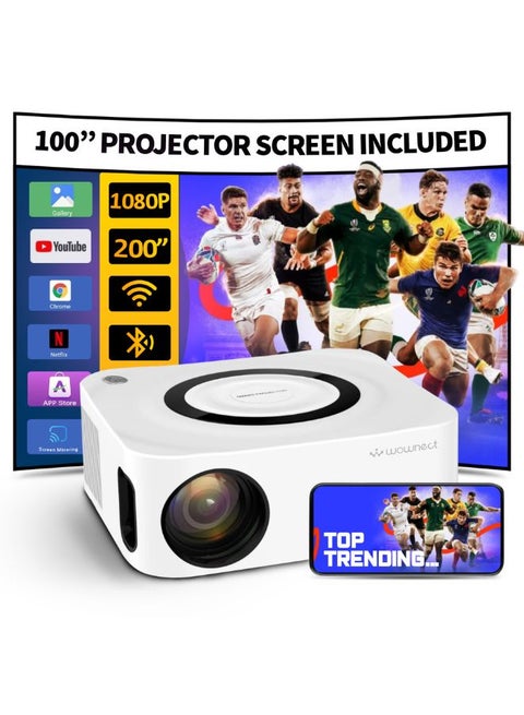 Portable Android Projector With 100" Projector Screen Native 1080P 4K HD Projector With 5G WiFi And Bluetooth Mini Projector For Outdoor And Movies Home Theater PROJ-WO-80-AN_SCR-03 White