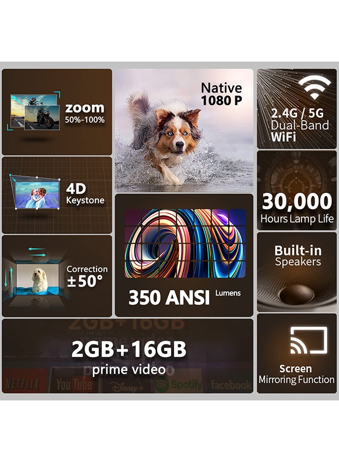 وونكت - جهاز عرض Android محمول مع شاشة عرض 100 بوصة، جهاز عرض أصلي 1080P 4K HD مع 5G WiFi وBluetooth، جهاز عرض صغير للمسرح المنزلي في الهواء الطلق والأفلام - Image 1