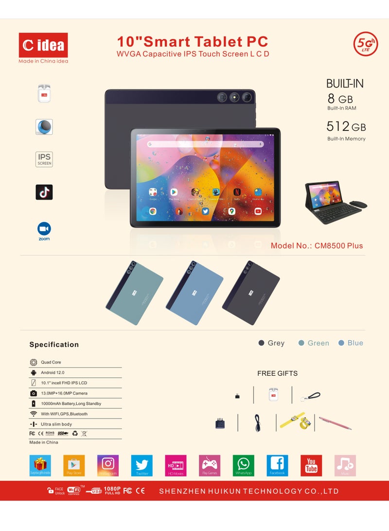 C idea - 10-Inch Smart Android Tablet PC Dual Sim 5G LTE Network WiFi Wireless Keyboard/Mouse/Protective Cover Zoom/TikTok Supported - Image 1