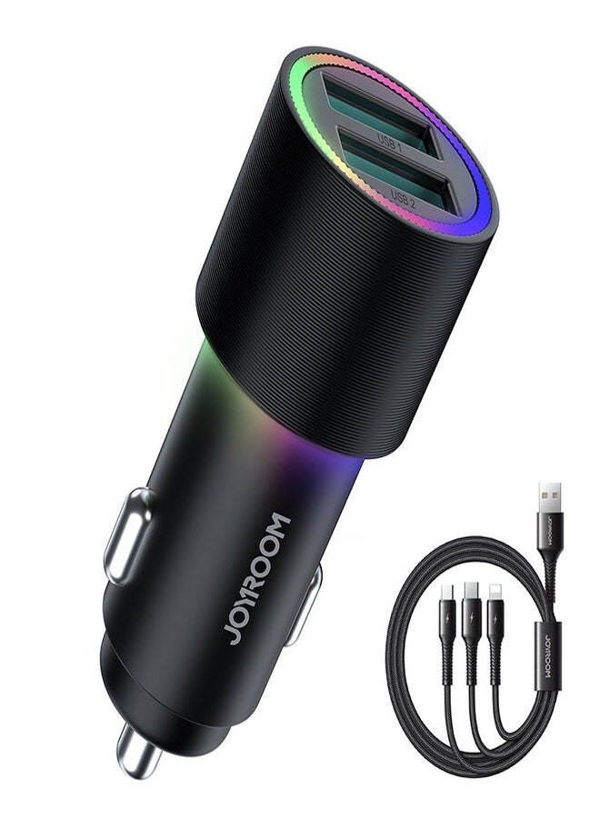 JOYROOM Joyroom car charger 2 x USB with illumination 24W + power cable 3in1 USB Type C / micro USB / Lightning 1.2m black (JR-CL10) Black  - Image 1