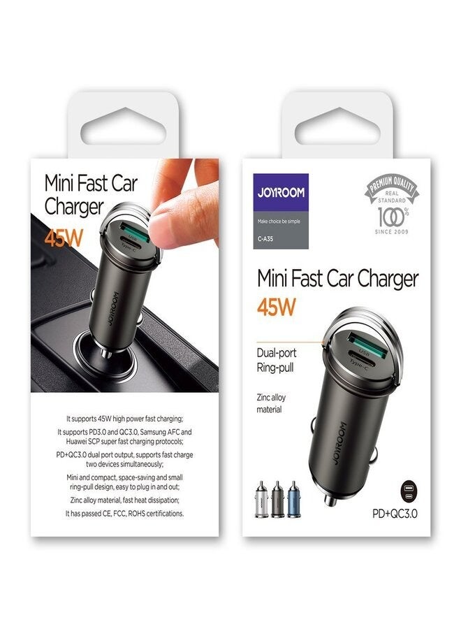 JOYROOM - Joyroom Fast Car Charger USB Type C / USB 45 W 5 A Power Delivery Quick Charge 3.0 AFC SCP (C-A35) Grey - Image 1