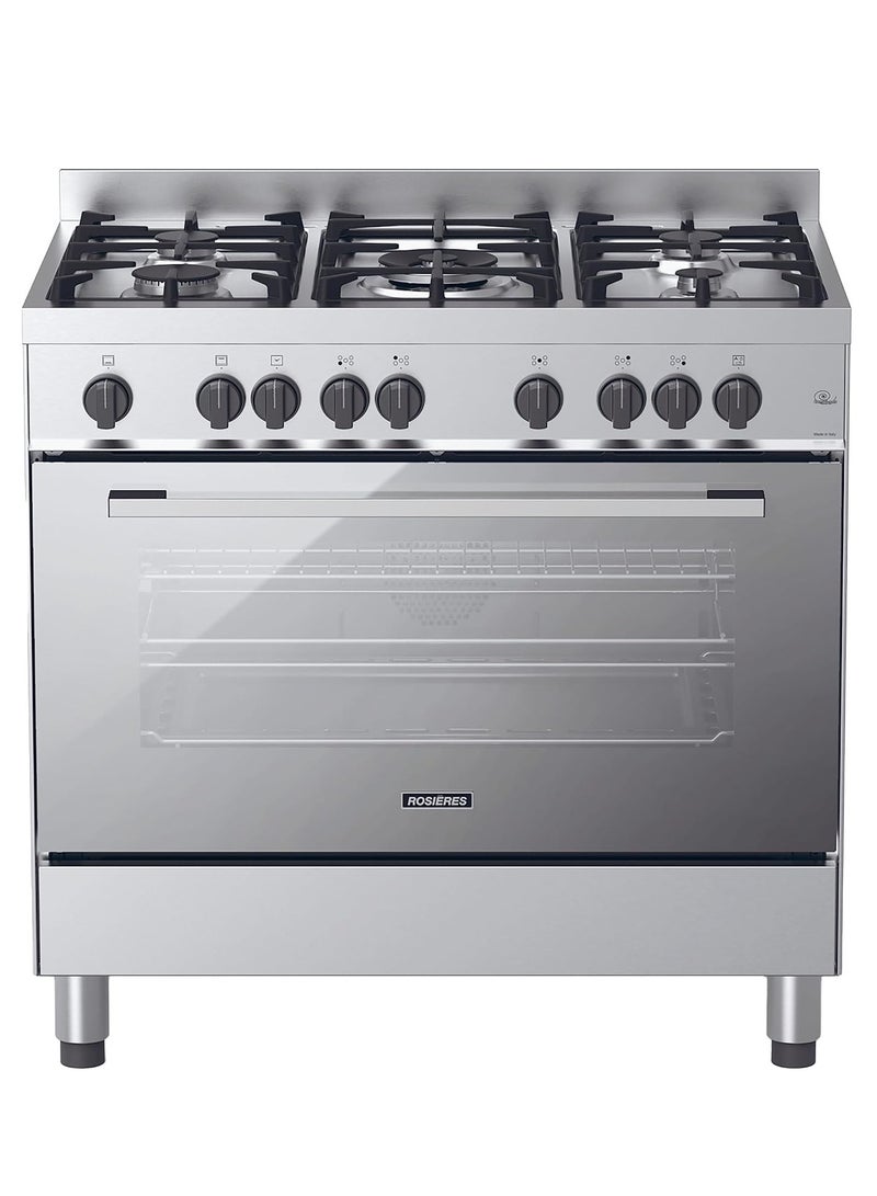 CANDY Cooker 90Cm 5Gas Burner Gas Oven Gas Grill  Fan Cooking Full Safety 3 Cast Iron Grids Inox Splashback Mirror Glass Cooling Fan 130L RGG95HXLPG Silver - Image 1