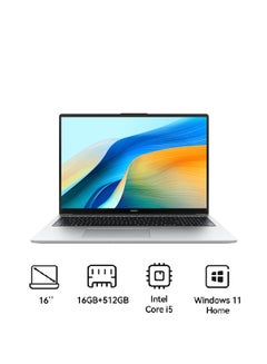 MateBook D 16 Laptop with 16-inch Eye Comfort FullView Display, Core i5-12450H Processor/16GB RAM/512GB SSD/Windows 11 Home/Intel UHD Graphics With Light and Metal Body And Nimble Numeric Keypad English/Arabic Mystic Silver