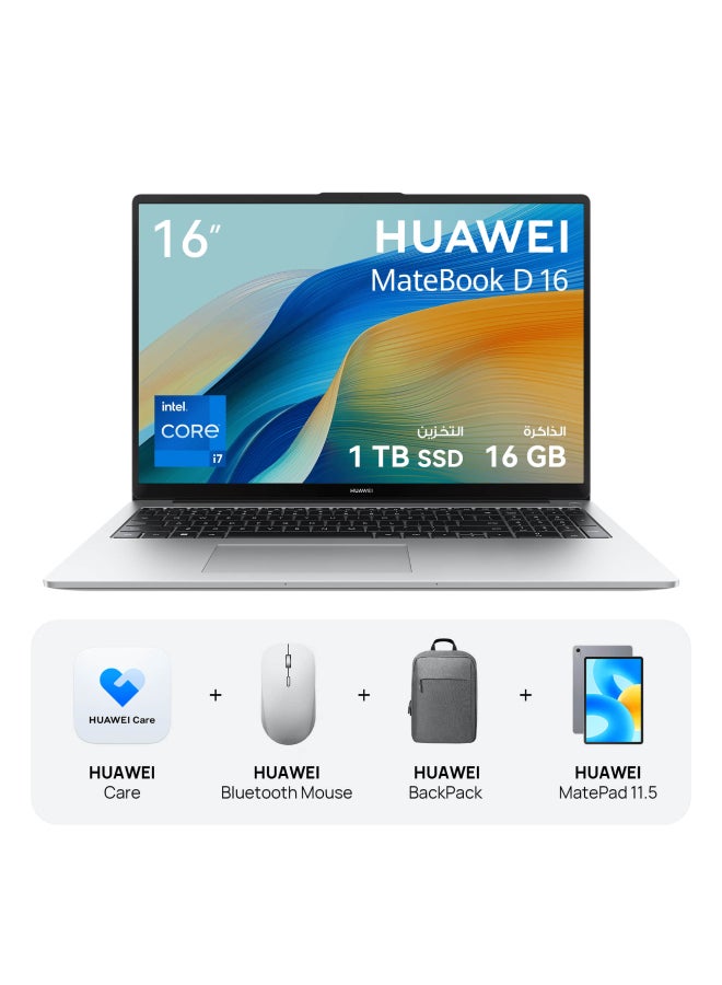 MateBook D 16 Laptop with 16-inch Display, Core i7-13700H Processor/16GB RAM/1TB SSD/Windows 11 Home/Intel UHD Graphics With HUAWEI MatePad Pro 11 + HUAWEI Bag + HUAWEI Mouse + HUAWEI Care English/Arabic Silver