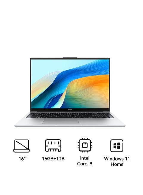 MateBook D 16 Laptop with 16-inch Eye Comfort FullView Display, Core i9-13900H Processor/16GB RAM /1TB SSD/Windows 11 Home/Intel UHD Graphics With Light and Metal Body And Nimble Numeric Keypad English/Arabic Mystic Silver