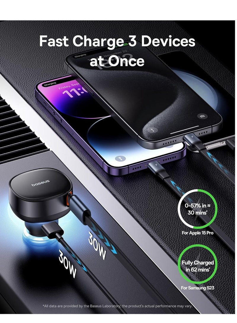 بيسوس - شاحن سيارة USB C، شاحن سيارة قابل للسحب بقدرة 60 وات، شاحن سيارة سريع 3 في 1، متوافق مع iPhone 15/14/13/12 Pro Max، Plus، Samsung Galaxy S23/S22/S21 Ultra، Google Pixel والمزيد (منفذ USB-A) ) - Image 1
