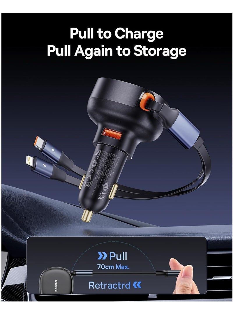 بيسوس - شاحن سيارة USB C، شاحن سيارة قابل للسحب بقدرة 60 وات، شاحن سيارة سريع 3 في 1، متوافق مع iPhone 15/14/13/12 Pro Max، Plus، Samsung Galaxy S23/S22/S21 Ultra، Google Pixel والمزيد (منفذ USB-A) ) - Image 1