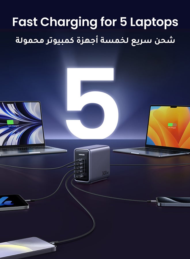 Ugreen - Nexode 300W Gan Charger USB C Charger 5 Ports Desktop Charging Station Charing Dock Laptop Charger With 240W USB C Cable For MacBook Pro Air Lenovo HP Dell ASUS Acer Tablets iPhone 16 Series Grey - Image 1