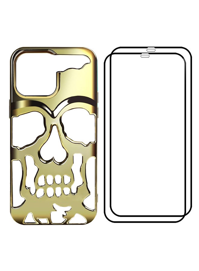 MARGOUN - 3 Packs For iPhone 14 Pro Max Case 2 Screen Protectors 3D Hollow Skull Breathable Phone Luxury Plating Colorful Matte Shockproof Cover Ultra Thin Full Surround Anti Fall Gold - Image 1