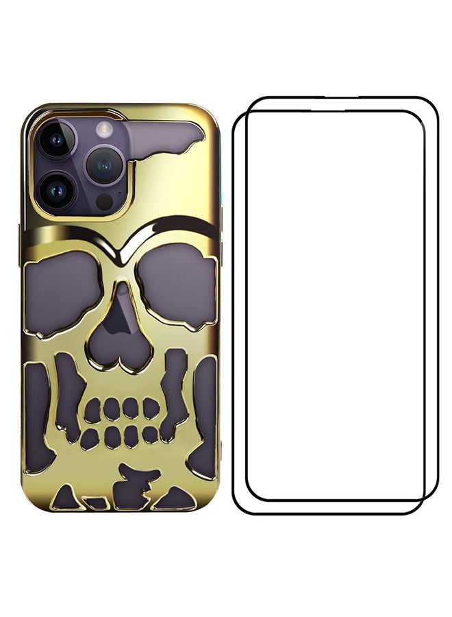MARGOUN - 3 Packs For iPhone 14 Pro Max Case 2 Screen Protectors 3D Hollow Skull Breathable Phone Luxury Plating Colorful Matte Shockproof Cover Ultra Thin Full Surround Anti Fall Gold - Image 1