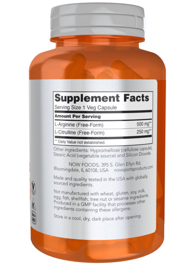 Now Sports Arginine 500mg & Citrulline Capsules 250mg 120'S