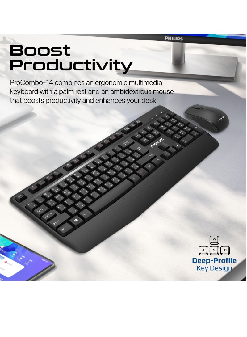 PROMATE Wireless Keyboard and Mouse Combo, 2.4GHz Wireless with Built-In Palm Rest, Multi-Grip 1200 DPI Mouse, Nano USB Receiver  - Image 2