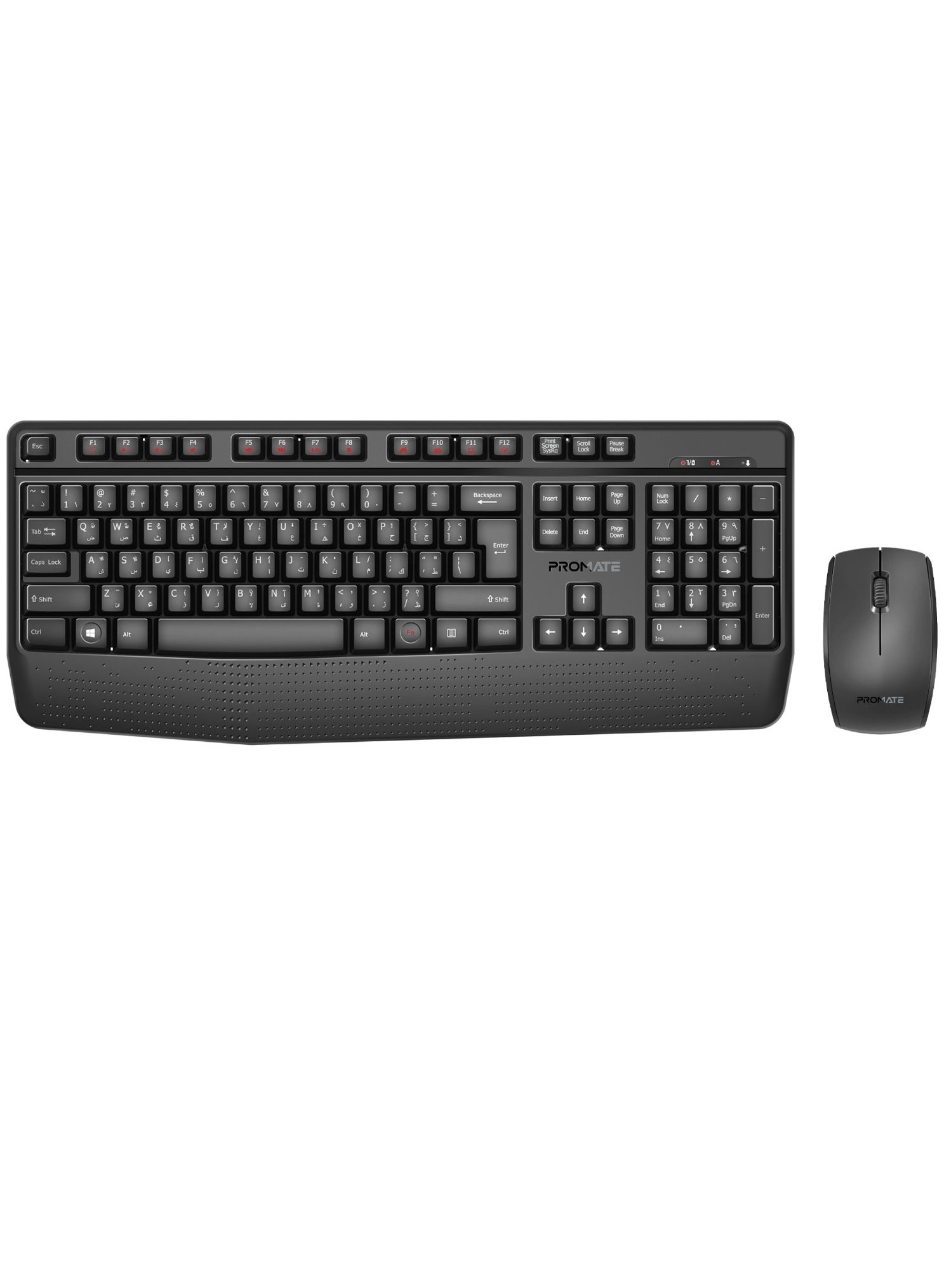 PROMATE Wireless Keyboard and Mouse Combo, 2.4GHz Wireless with Built-In Palm Rest, Multi-Grip 1200 DPI Mouse, Nano USB Receiver 