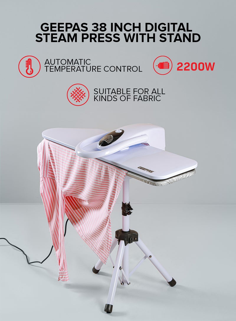 GEEPAS - Digital Steam Press With Stand 38"x10.5", Suitable For All Kinds Of Fabric And Safe For Delicate Fabrics/ Equipped With Metal Plate And 500 ml 2200 W GSP25037 White - Image 1