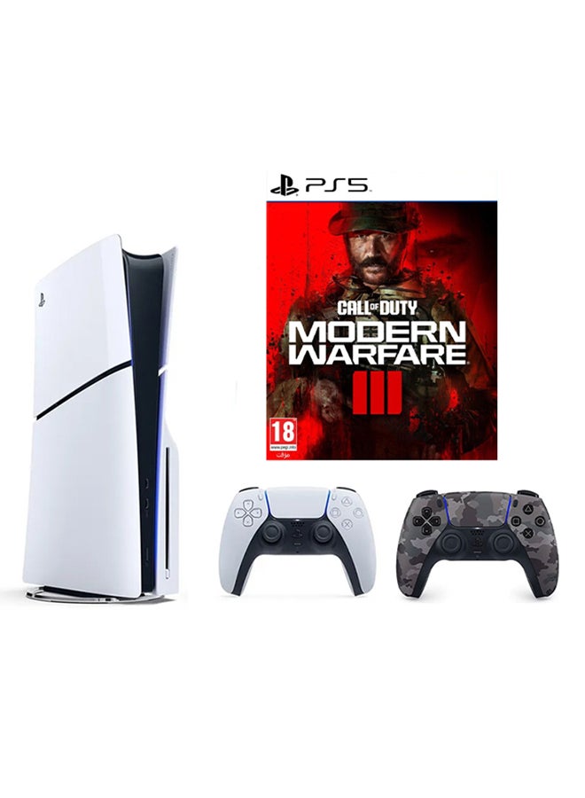 سوني - وحدة تحكم قرصية رفيعة لجهاز PlayStation 5 مع وحدة تحكم مموهة باللون الرمادي الإضافي وحزمة Call of Duty: Modern Warfare III - Image 1