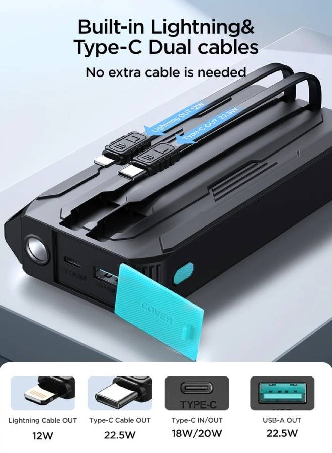 10000 mAh JR-L017 22.5W Power Bank with Built in 2in1 Cables with SOS light Black