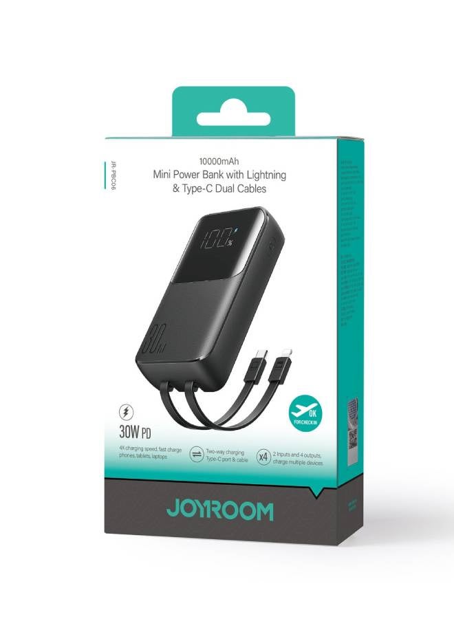 جوي روم باور بانك Joyroom بقدرة 30 وات وسعة 10000 مللي أمبير في الساعة مزود بكابلات Lightning وUSB-C مدمجة، أسود (JR-PBC06) - Image 3