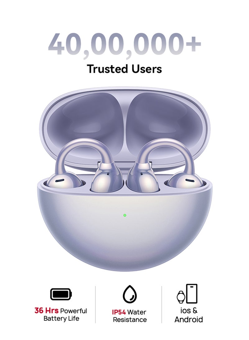 هواوي سماعات أذن بلوتوث لاسلكية Free Clip، تصميم جمالي مستقبلي، ارتداء يشبه الريش، استماع مفتوح للأذن، عمر بطارية طويل، iOS وAndroid، IP54 مقاوم للماء والغبار، أرجواني - Image 1