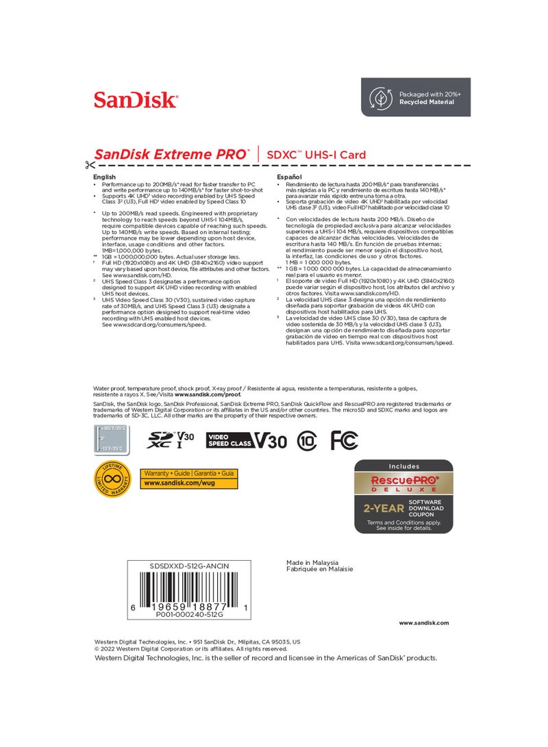 Sandisk SanDisk 512GB Extreme PRO UHS-I SDXC Memory Card 512 GB  - Image 5