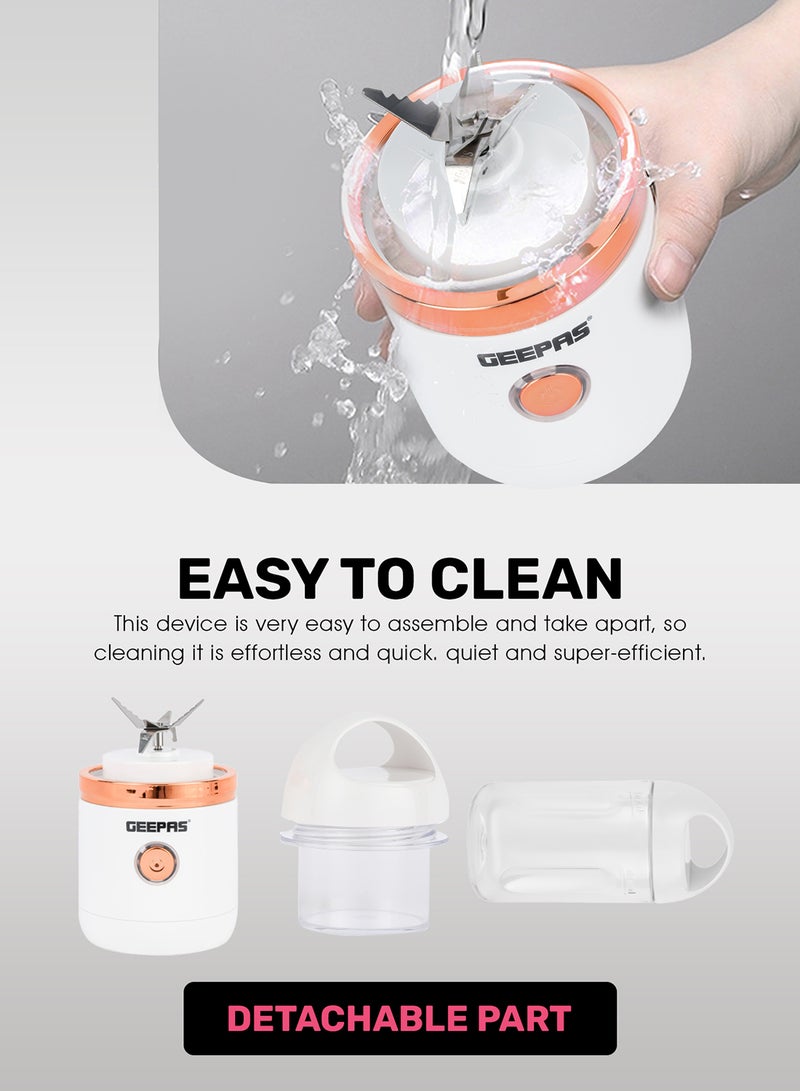GEEPAS - Rechargeable Portable Juicer With Stainless Steel Six Blades, 1 Motor Base, 1 Tritan Bottle, 1 Blade Cover, 1 Bottle Cover, Type C 0.5m  Cable, Safety Protection Switch 420 ml 150 W GSB44058 White - Image 1