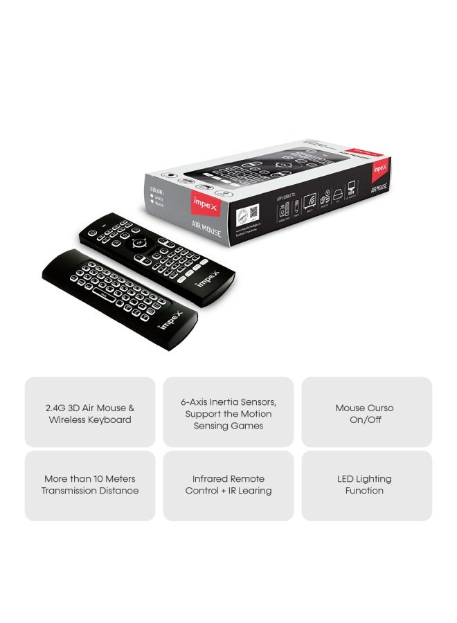 Impex - Air Mouse 2.4G 3D With Wireless Keyboard Infrared Remote Control And IR Learning, Support Motion Sensing Games, Voice Input For Smart TV, Android TV Box, Mini PC, HTPC, Projector, Mac OS Black - Image 1