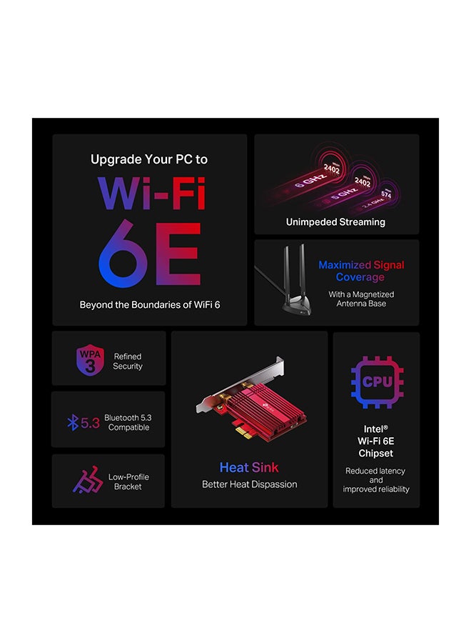 TP-LINK - WiFi 6E AX5400 PCIe Card Archer TXE75E Tri Band Wireless Adapter With Bluetooth 5.2 WPA3 MU MIMO OFDMA Heat Sink Low Profile Bracket Supports Windows 1064bit Red - Image 1