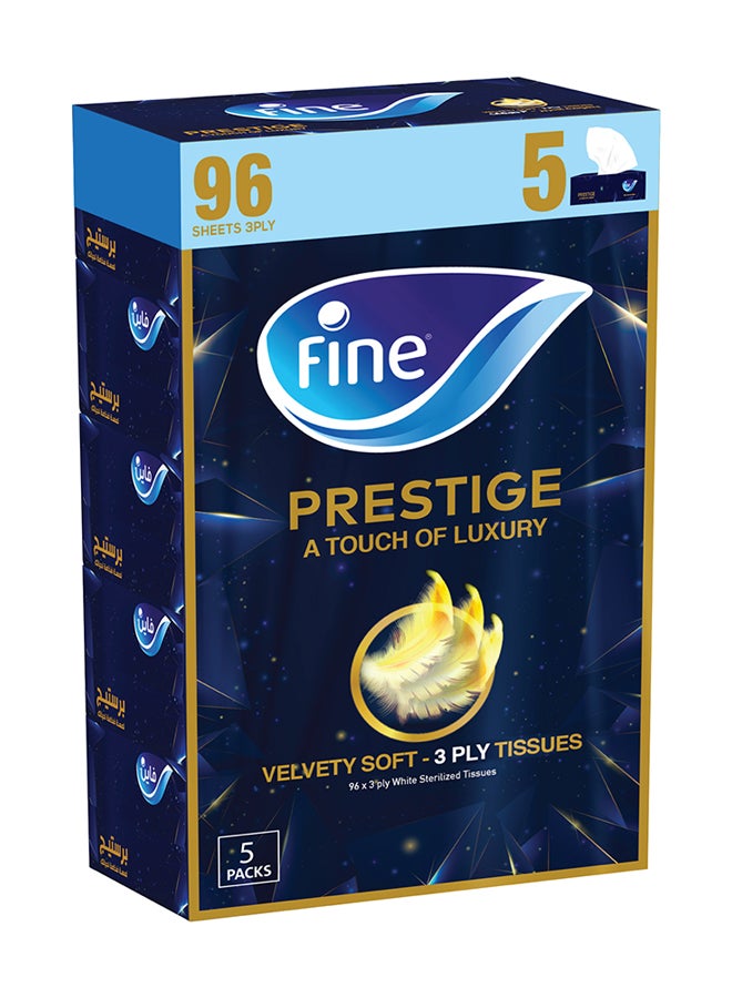 Fine 3 Ply Prestige Facial Tissue 96 Sheets Bundle Of 5 White  - Image 1