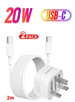 iPhone 15 Plus Fast Charger USB C Plug Adaptor UK Wall Plug With 2M Cable 20W USB C Fast Charger White