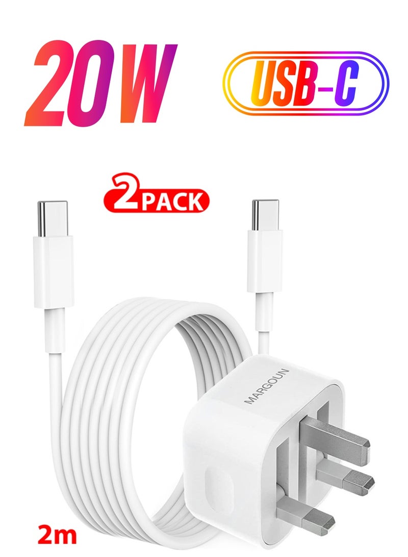 MARGOUN - iPhone 15 Plus Fast Charger USB C Plug Adaptor UK Wall Plug With 2M Cable 20W USB C Fast Charger White - Image 1