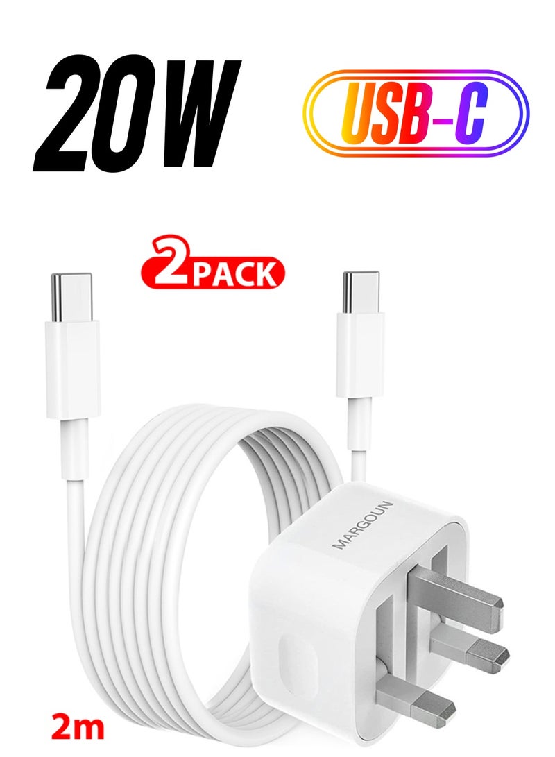 MARGOUN - iPhone 15 Pro Max Fast Charger USB C Plug Adaptor UK Wall Plug With 2M Cable 20W USB C Fast Charger White - Image 1