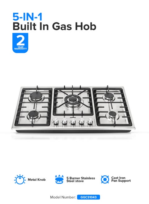 5-In-1 Built In Gas Hob-| Five Burner Gas Stove with Separate Ignition, Low Gas Consumption and Improved Gas Flow for Efficient Heating| Auto Ignition System GGC31043 Silver/Black