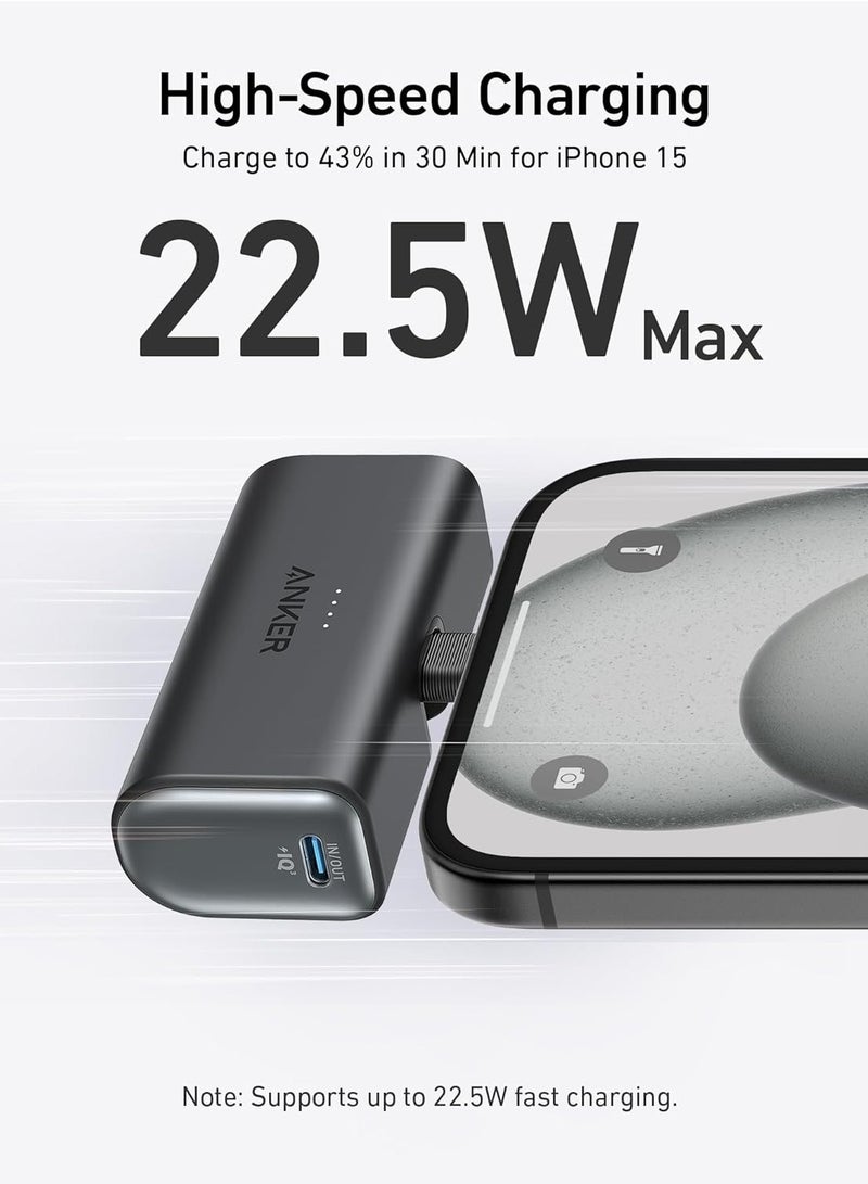 Anker - 5000 mAh Nano Power Bank, Power Bank 22.5 W, Integrated Foldable USB-C Connector, Compatible With iPhone 15 Series, Samsung S22/23 Series, Note 20/10 Series, LG, Huawei, iPad ProAir, AirPods Black - Image 1
