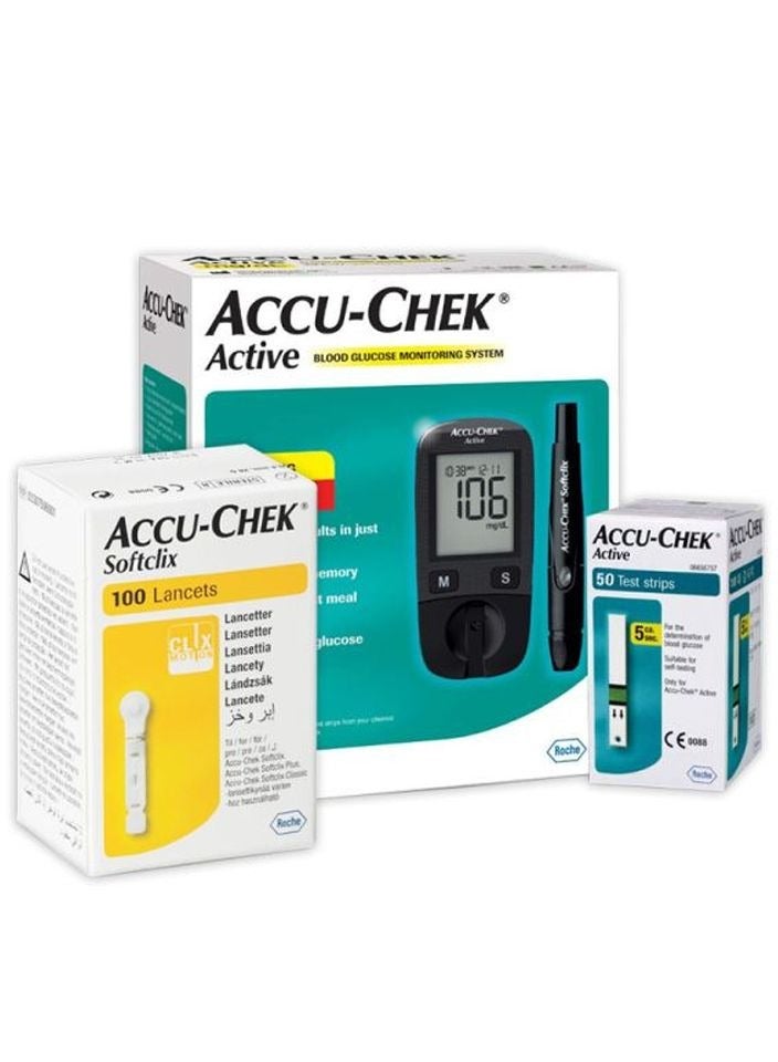 ACCU-CHEK - Active Bundle Blood Glucose Monitor With Active 50 Test Strips Plus Sofclix - 100 Lancets - Image 1