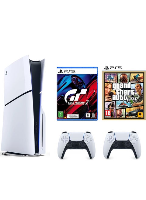 جهاز PlayStation 5 نسخة القرص (النسخة الرسمية للمملكة العربية السعودية) مع وحدة تحكم إضافية DualSense ولعبتي Gran Turismo 7 و Grand Theft Auto V.