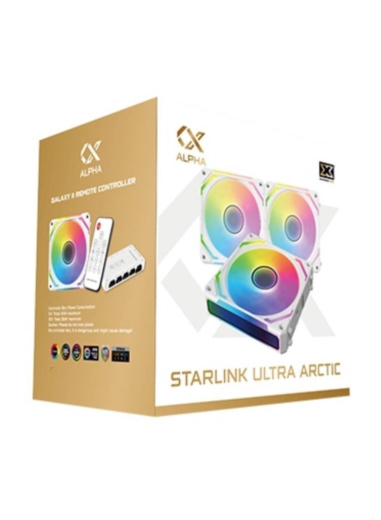 Starlink Ultra Arctic (3PCS White Easy Clip On & Smart Link Fan,ARGB & PWM Cable,Galaxy II Fan Control Box & Remote,Color Box) EN40856
