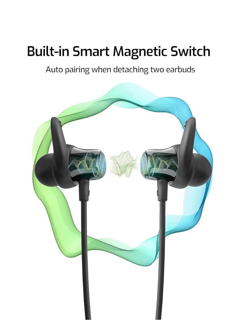 راف باور سماعات بلوتوث بشريط حول الرقبة مع وقت تشغيل يصل إلى 80 ساعة، مكبرات صوت مدمجة 10 مم مقاومة للتعرق ومقاومة للماء، 6 أطراف أذن S، M، L، مكالمات شفافة للغاية، رياضية سريعة، أسود - Image 3