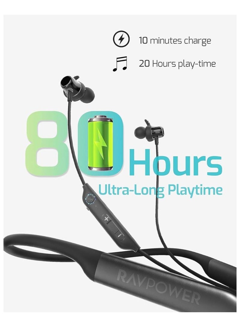 راف باور سماعات بلوتوث بشريط حول الرقبة مع وقت تشغيل يصل إلى 80 ساعة، مكبرات صوت مدمجة 10 مم مقاومة للتعرق ومقاومة للماء، 6 أطراف أذن S، M، L، مكالمات شفافة للغاية، رياضية سريعة، أسود - Image 4