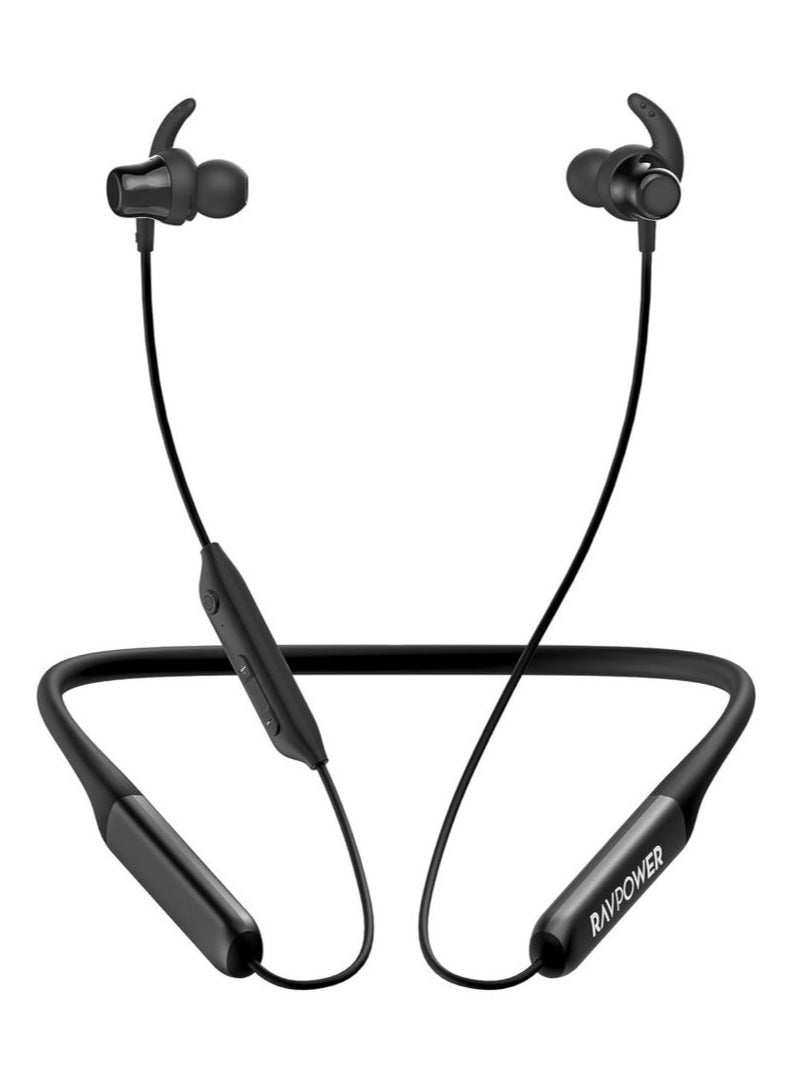راف باور سماعات بلوتوث بشريط حول الرقبة مع وقت تشغيل يصل إلى 80 ساعة، مكبرات صوت مدمجة 10 مم مقاومة للتعرق ومقاومة للماء، 6 أطراف أذن S، M، L، مكالمات شفافة للغاية، رياضية سريعة، أسود - Image 1
