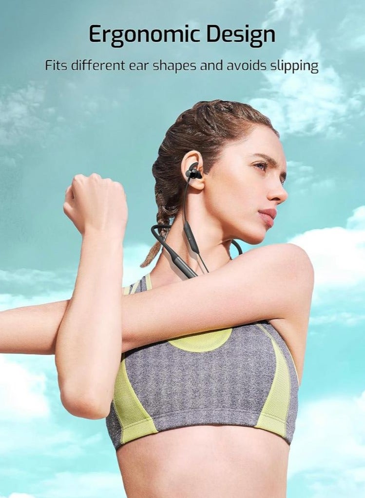 راف باور سماعات بلوتوث بشريط حول الرقبة مع وقت تشغيل يصل إلى 80 ساعة، مكبرات صوت مدمجة 10 مم مقاومة للتعرق ومقاومة للماء، 6 أطراف أذن S، M، L، مكالمات شفافة للغاية، رياضية سريعة، أسود - Image 5