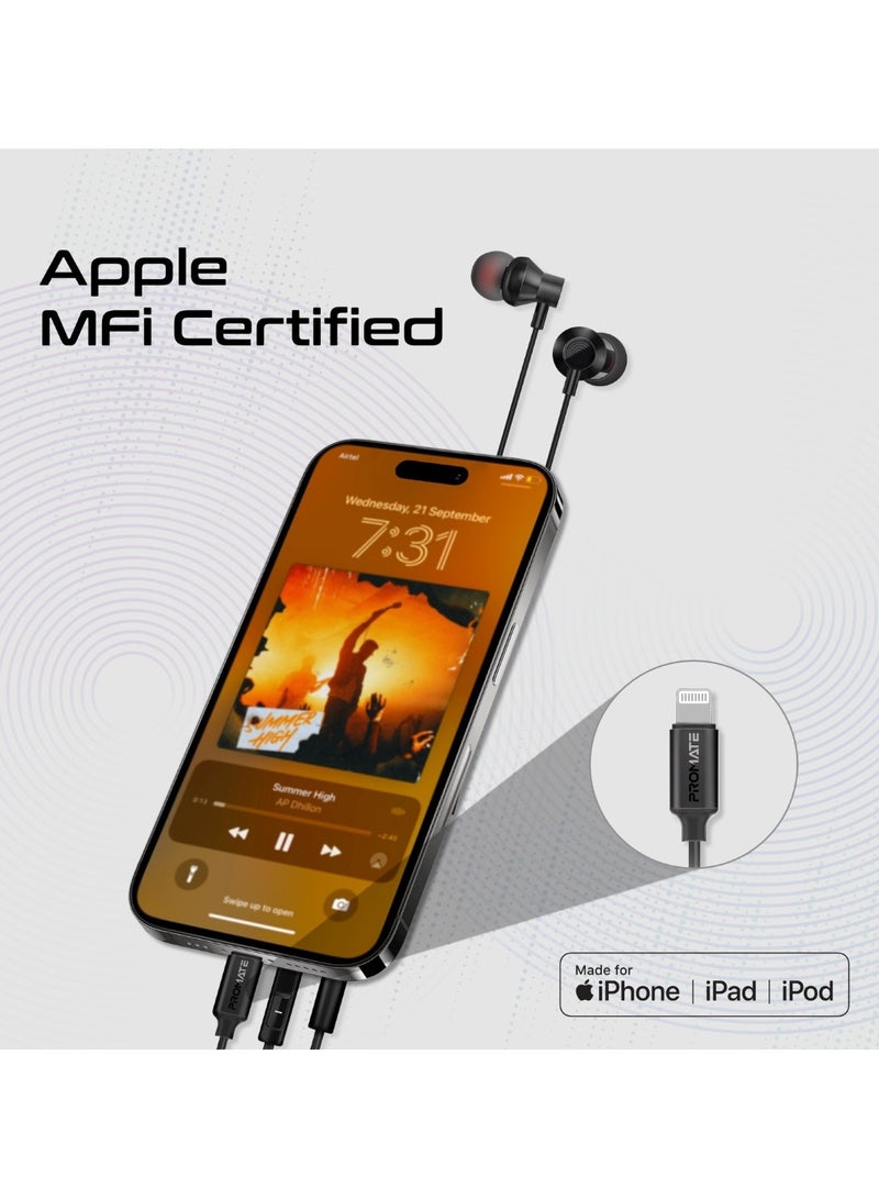 PROMATE - Earphones With Lightning Connector, Ergonomic In-Ear Apple MFi Certified Earphones With Microphone, Noise Isolation, Call Function And In-Line Volume Control For iPhone 14/13 iPad Pro, Vibe-LT Black - Image 1