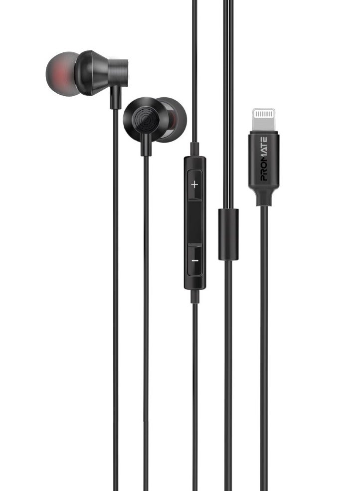 PROMATE - Earphones With Lightning Connector, Ergonomic In-Ear Apple MFi Certified Earphones With Microphone, Noise Isolation, Call Function And In-Line Volume Control For iPhone 14/13 iPad Pro, Vibe-LT Black - Image 1