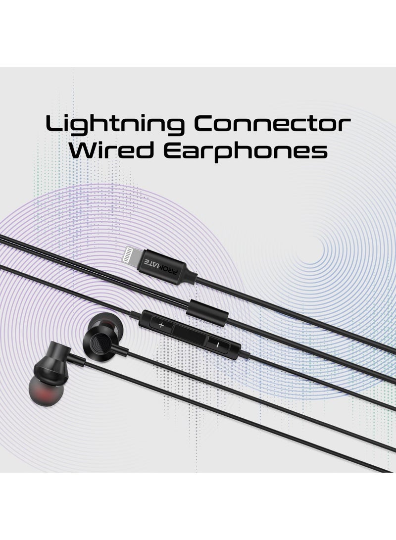 PROMATE - Earphones With Lightning Connector, Ergonomic In-Ear Apple MFi Certified Earphones With Microphone, Noise Isolation, Call Function And In-Line Volume Control For iPhone 14/13 iPad Pro, Vibe-LT Black - Image 1