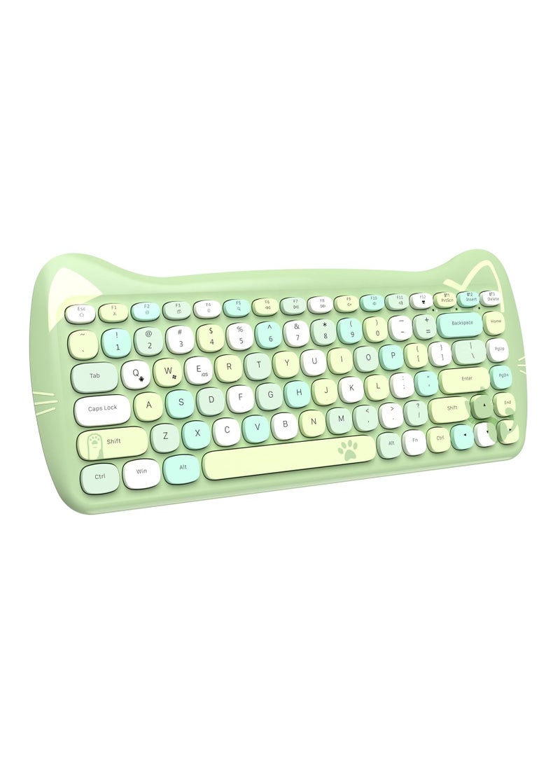 3060i Wireless Cute Computer Keyboard Lovely Cat Retro Silent Slim Bluetooth Keyboard with Typewriter Round Matte Texture Keycap Multi Device Connection for PC Laptop Mac Colorful Green