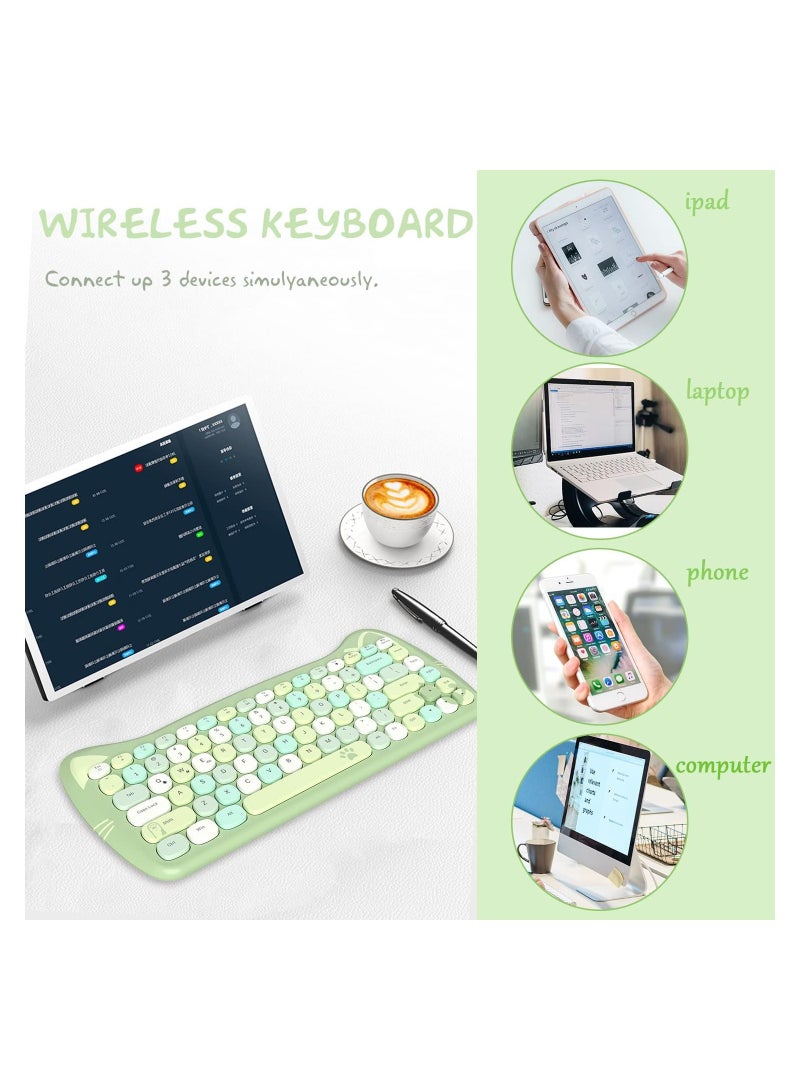 3060i Wireless Cute Computer Keyboard Lovely Cat Retro Silent Slim Bluetooth Keyboard with Typewriter Round Matte Texture Keycap Multi Device Connection for PC Laptop Mac Colorful Green