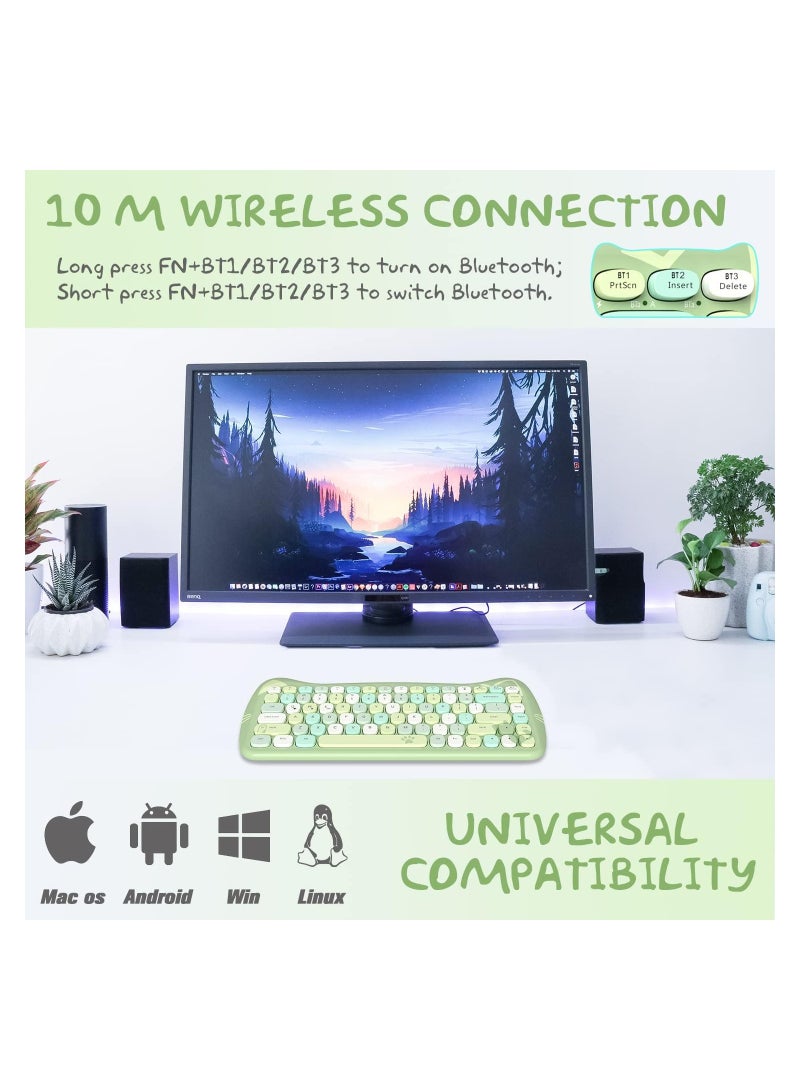 3060i Wireless Cute Computer Keyboard Lovely Cat Retro Silent Slim Bluetooth Keyboard with Typewriter Round Matte Texture Keycap Multi Device Connection for PC Laptop Mac Colorful Green