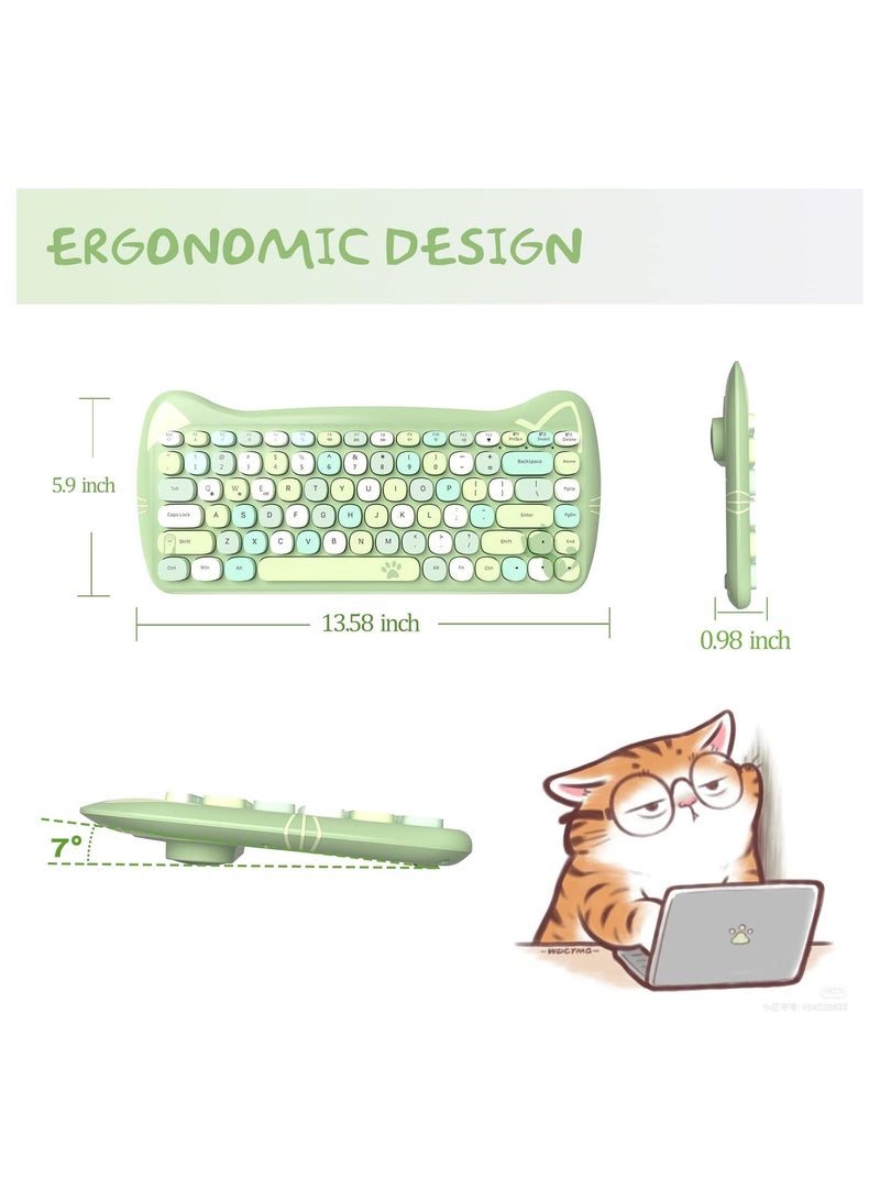 3060i Wireless Cute Computer Keyboard Lovely Cat Retro Silent Slim Bluetooth Keyboard with Typewriter Round Matte Texture Keycap Multi Device Connection for PC Laptop Mac Colorful Green